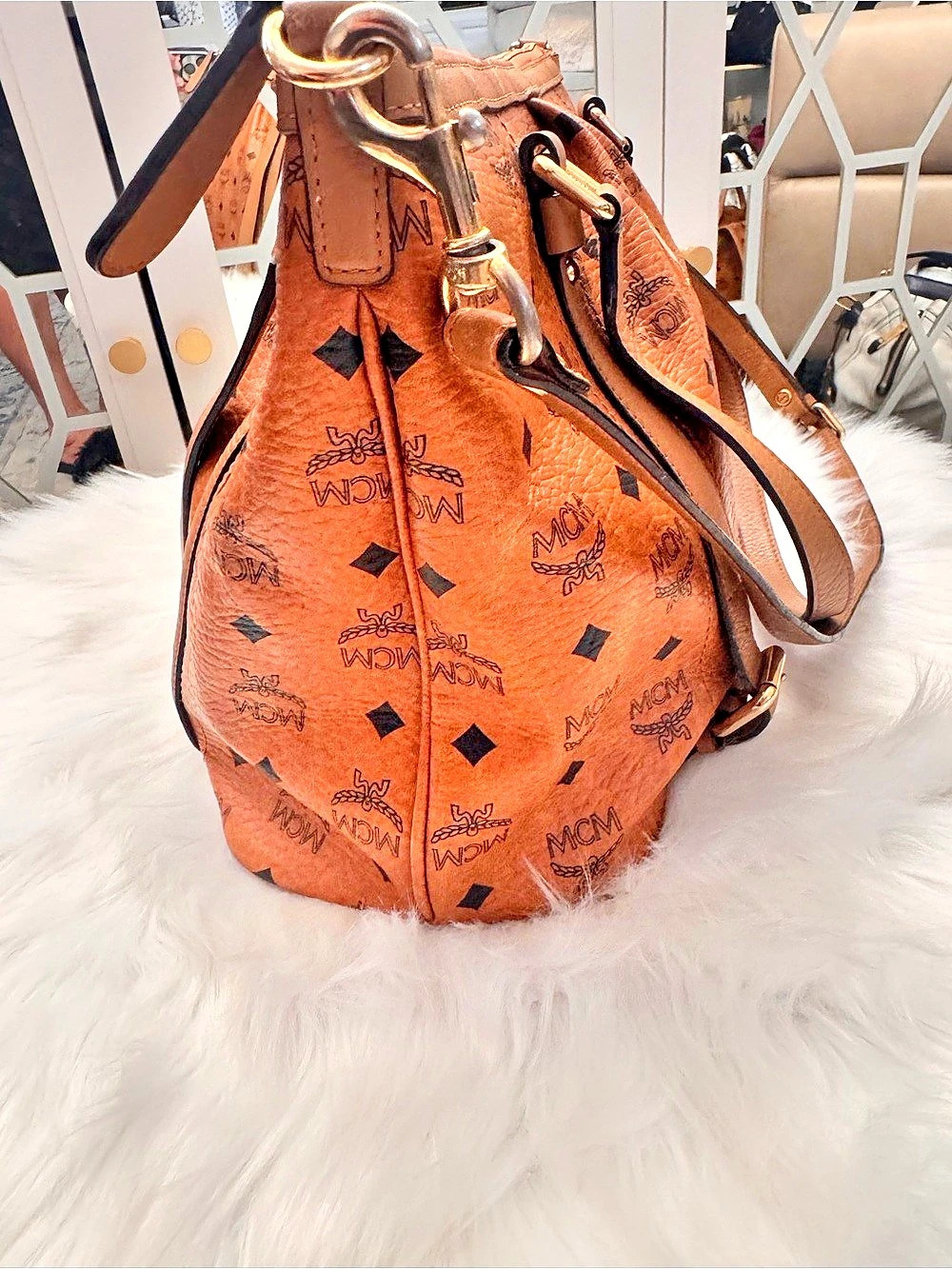 MCM Cognac Visetos Monogram Shopper Two-Way Tote Bag - Picture 8 of 14